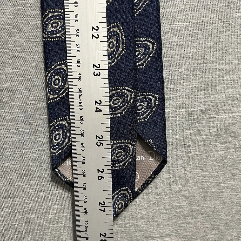 Christian Dior Necktie Mens One Size Navy Blue Silk Medallion Geometric Logo Tie